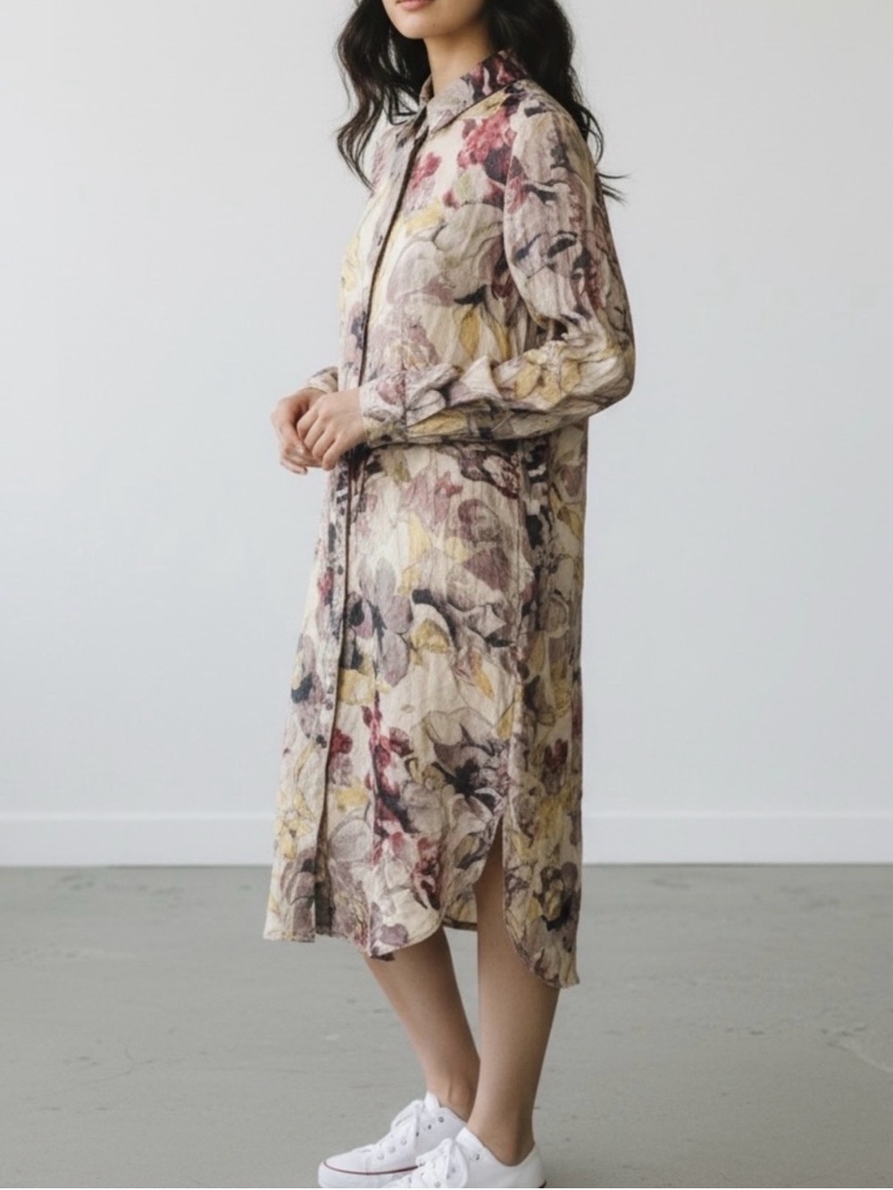 Mystree Floral Long-Sleeve Midi Shirt Dress in Cream, Yellow & Blush
